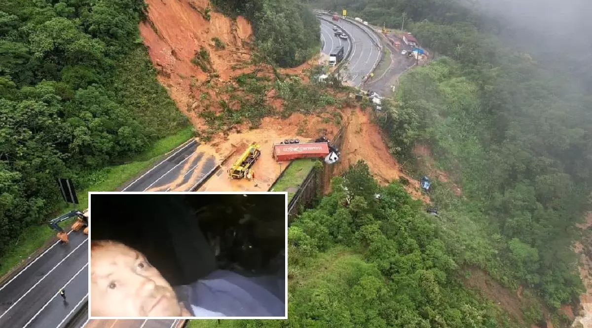 Un șofer de TIR s-a filmat îngrozit în cabina camionului îngropat sub tone de piatră și noroi, pe o autostradă din Brazilia
