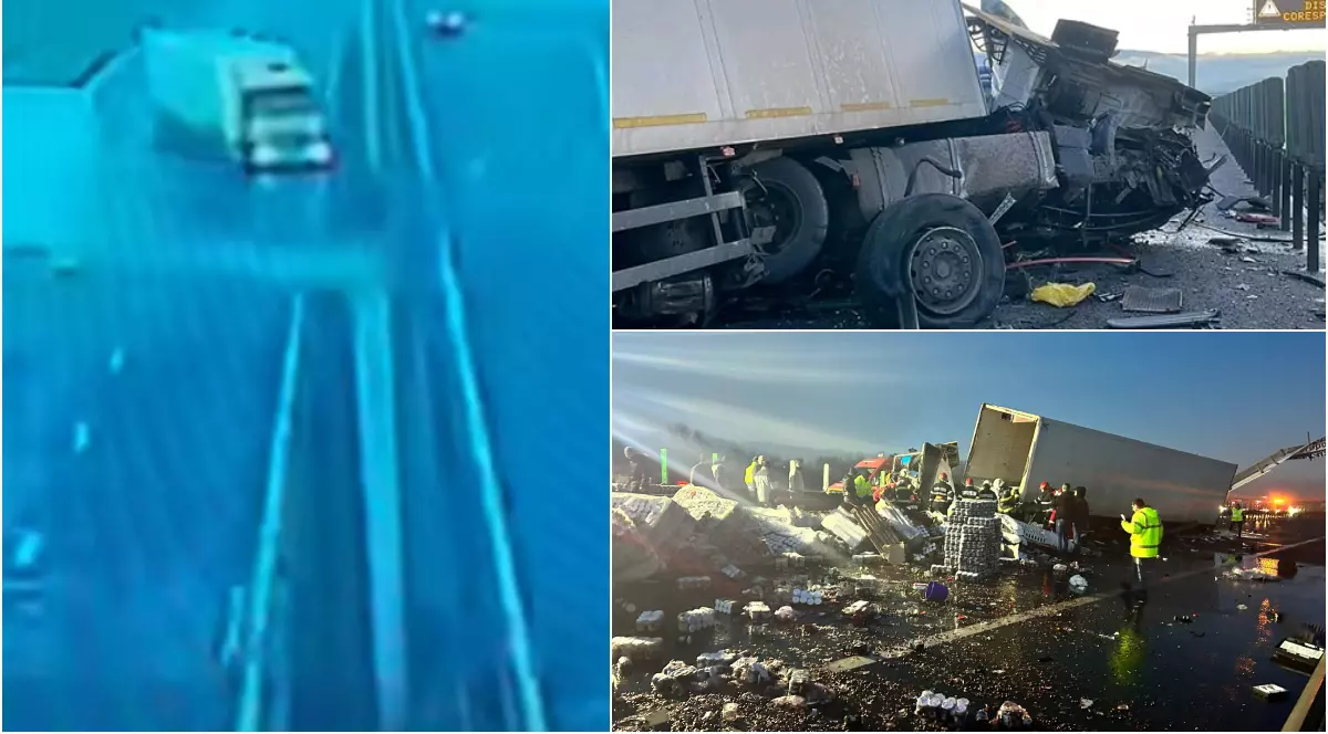 Momentul dramatic când explodează roata unui camion, pe A1, lângă Sibiu, a fost filmat. Șoferul nu a supraviețuit