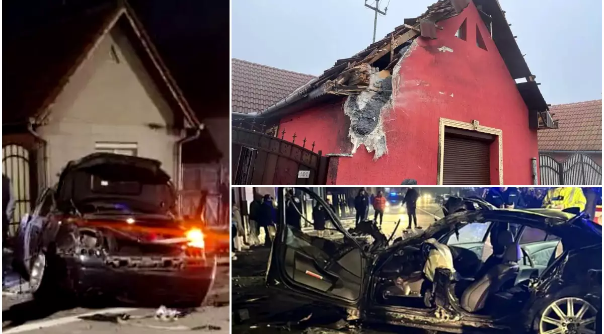 Momentele de după accidentul în care un BMW a zburat pe acoperișul unei case. Oamenii au crezut că un TIR le-a lovit locuința, motorul a sărit la 20 de metri de impact