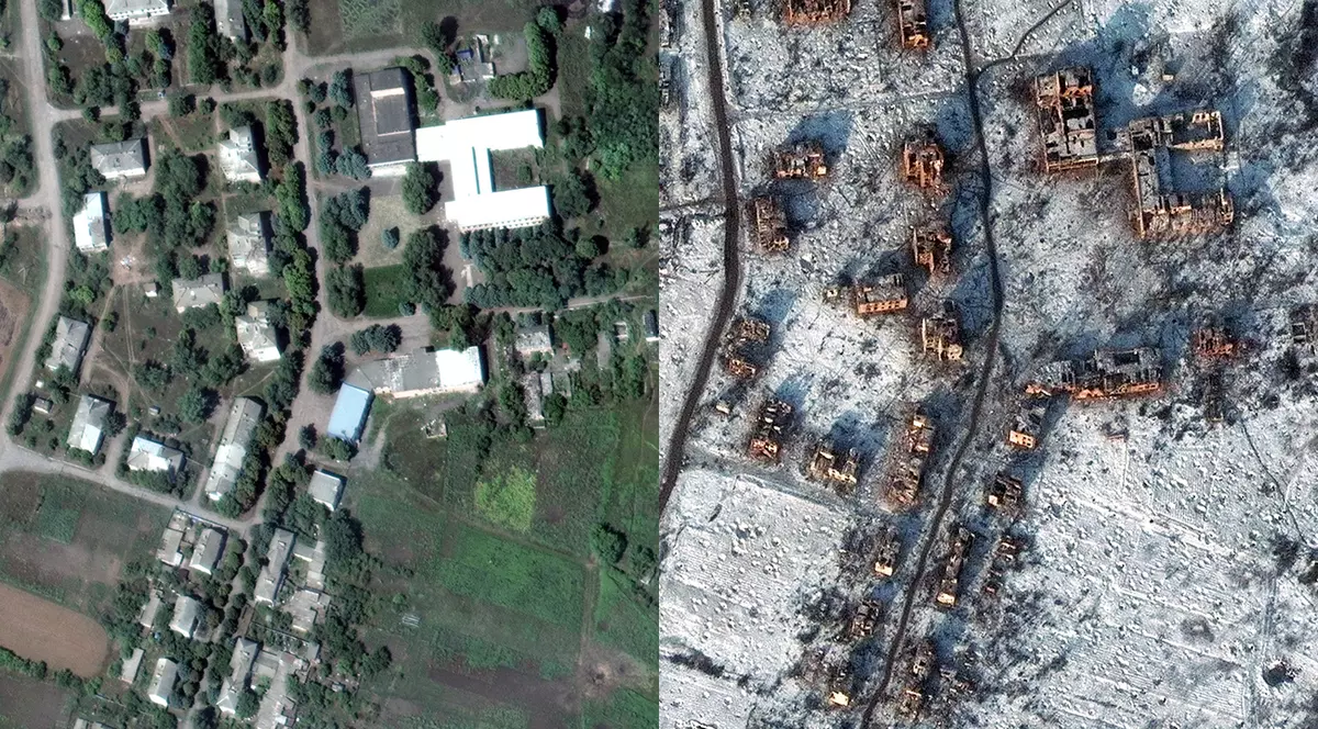 Imagini din satelit cu dezastrul din Soledar. Orașul, înainte și după bombardamentele rușilor