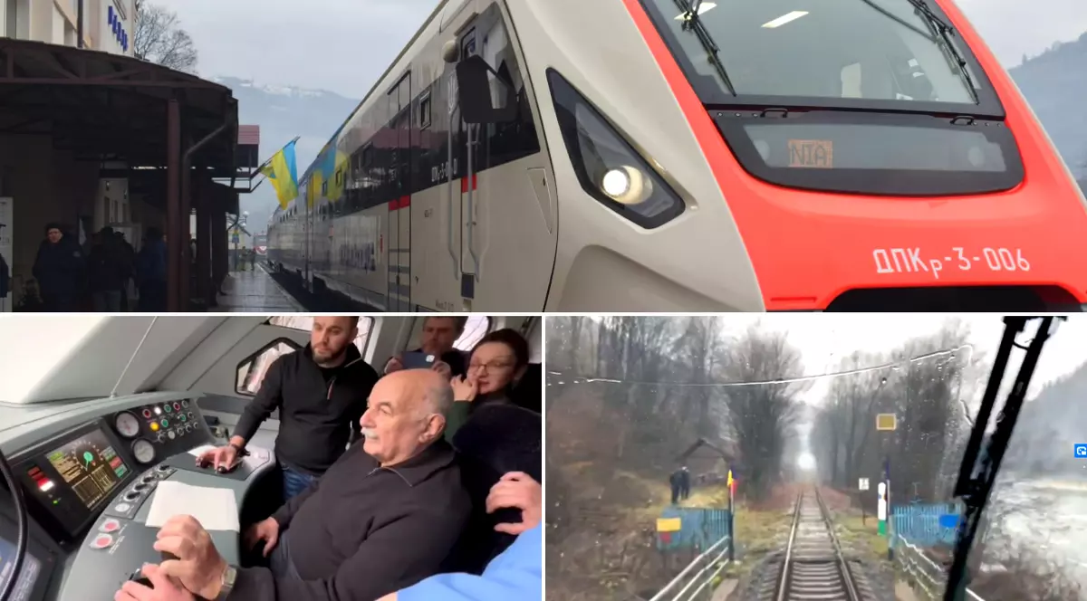 VIDEO. Linia de tren Ucraina-România din nordul Maramureșului, redeschisă cu un tren condus de primul ministru al transporturilor din țara vecină, ajuns la 81 de ani