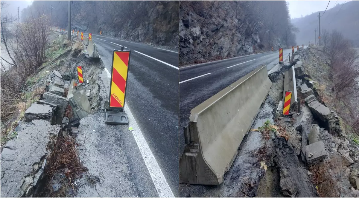 Probleme pe DN7, între Râmnicu Vâlcea şi Sibiu. O porțiune din drum s-a surpat, mai mulți copaci au căzut pe carosabil