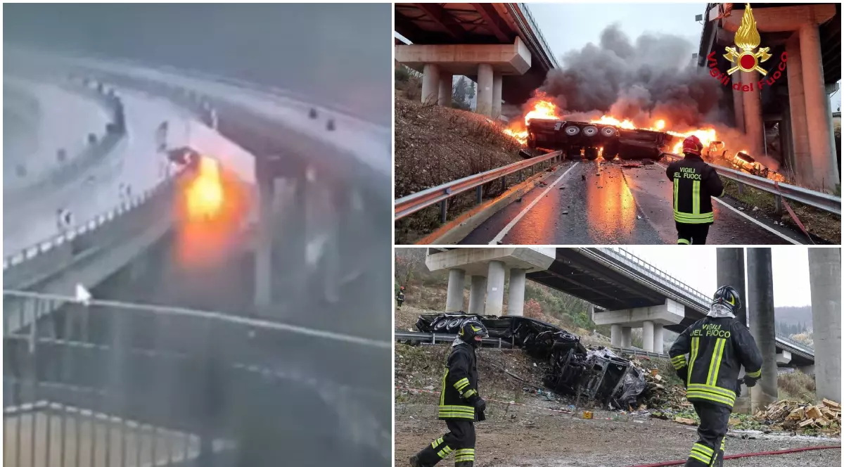 Momentul în care un camion explodează, când cade de pe un viaduct, a fost filmat. Șoferul a murit, pe o autostradă din Italia