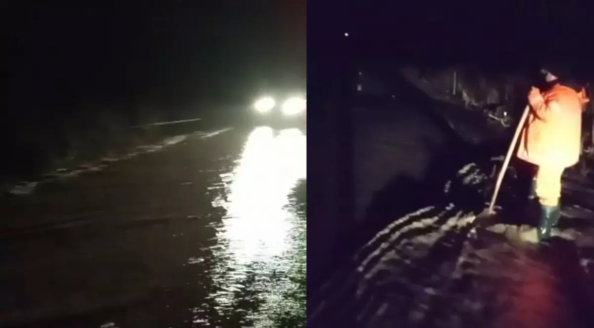 Circulație oprită pe un drum din Harghita, după ce un pârâu a inundat carosabilul. Pe alte drumuri din zonă a fost semnalat polei | VIDEO