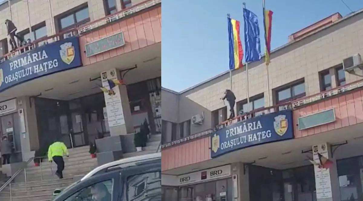 Primăria Hațeg, vandalizată de un bărbat cu un topor. A spart mai multe geamuri - VIDEO
