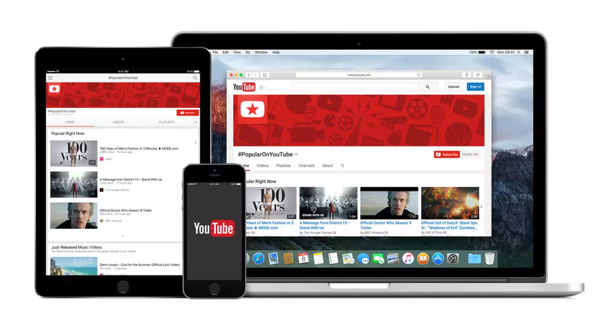 Cum să îţi creezi un canal de YouTube - Imagine cu pagina de pornire a YouTube pe mai multe dispozitive portabile, laptop, tabletă şi un loc YouTube pe un telefon.
