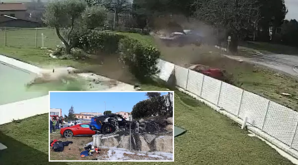 Două Ferrari care se întreceau pe un drum de țară din Italia au ratat o curbă și au zburat în gardul unei vile, apoi unul a luat foc | VIDEO