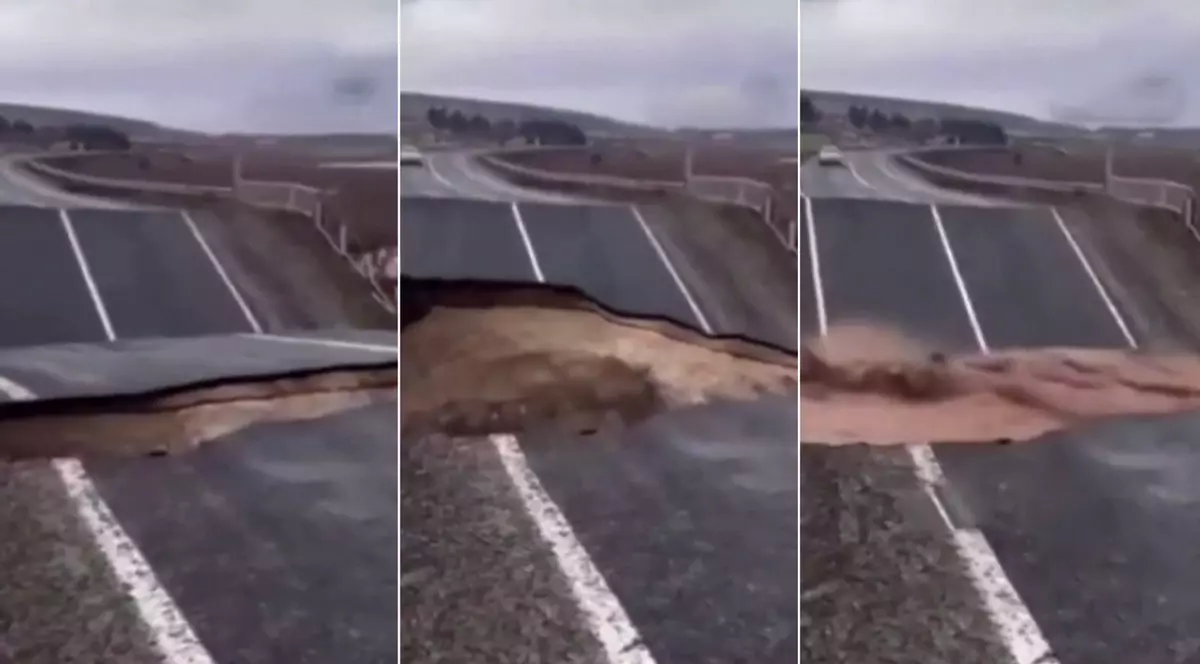 Filmare cutremurătoare cu momentul în care o șosea se rupe în două în timpul inundațiilor din Turcia