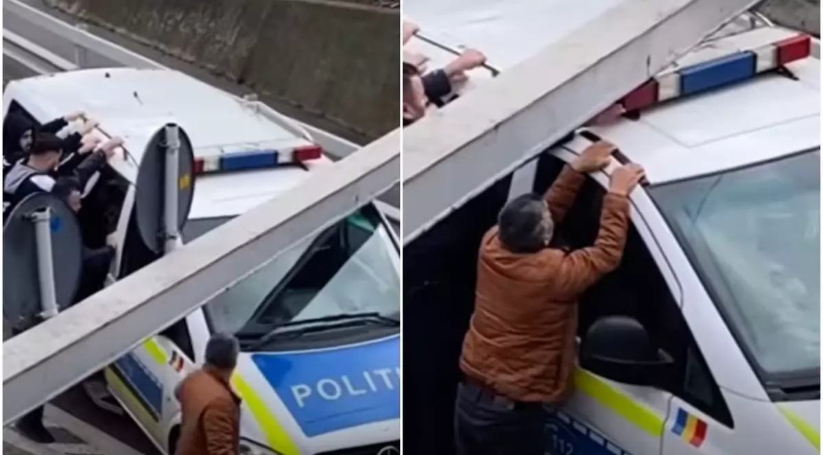 O dubă a poliției, rămasă înțepenită sub un pasaj, în Râmnicu Vâlcea. Agentul care o conducea a fost amendat