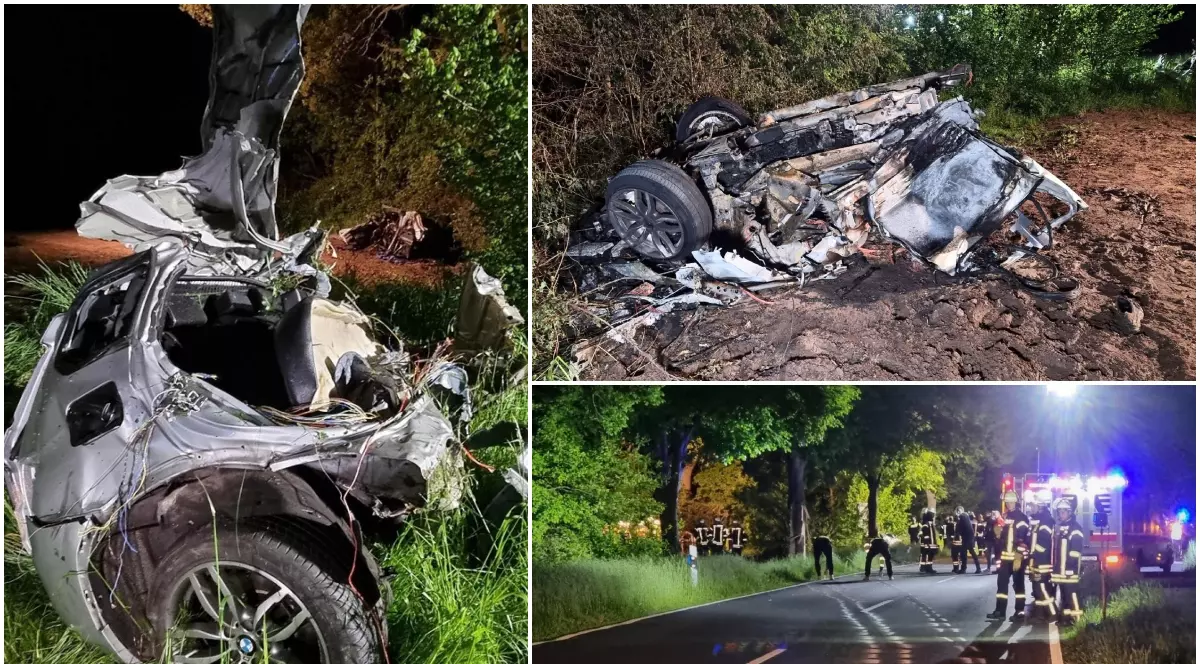 BMW X3 imposibil de recunoscut după ce s-a rupt în două și a luat foc. Un tată și fiul lui de 12 ani au murit în accidentul din Germania