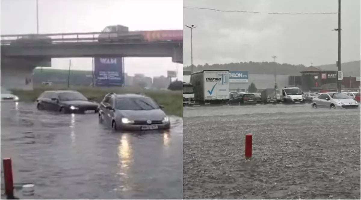 Parcarea unui mall din Cluj, inundată în urma ploii torențiale. Mai multe mașini și persoane au rămas blocate