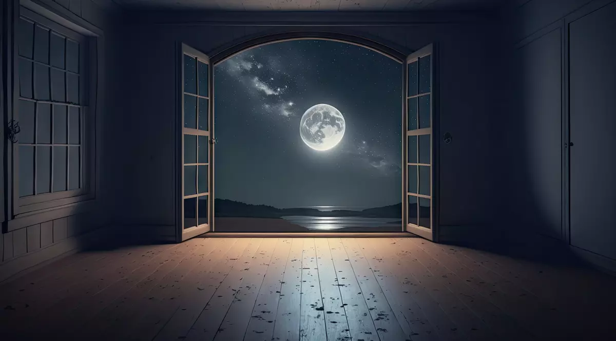 Luna plină din 3 iunie - Imagine cu o lună plină văzută prin uşa deschisă a unei case