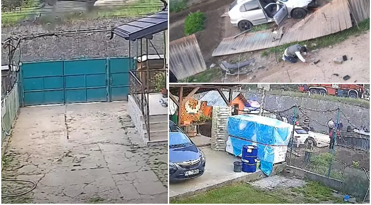 Mașină filmată când decolează de pe un pod, în Bacău, și aterizează în curtea unei case