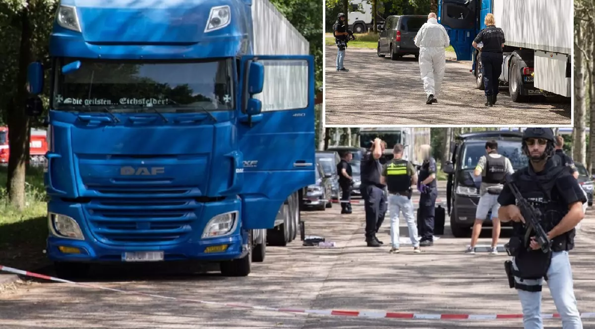 Camion românesc înmatriculat în Maramureș percheziționat de criminaliști și păzit de agenți înarmați până în dinți, într-o parcare din Olanda