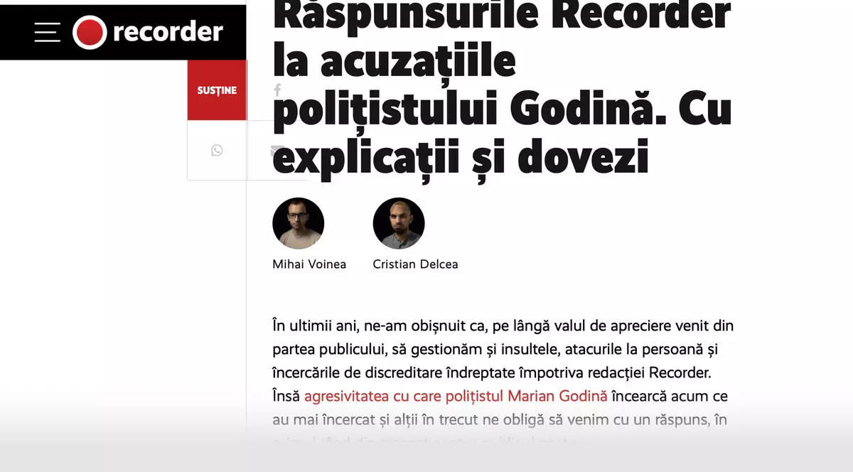 Răspunsul publicației Recorder la acuzațiile polițistului Marian Godină: „Nu toate informațiile pe care le afli pe parcursul unei documentări sunt relevante pentru materialul jurnalistic”
