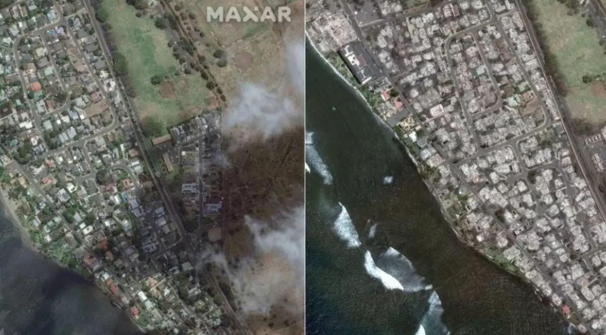 Înainte și după dezastru. Imagini din satelit cu urmările incendiilor din Hawaii, în care 80 de oameni au murit