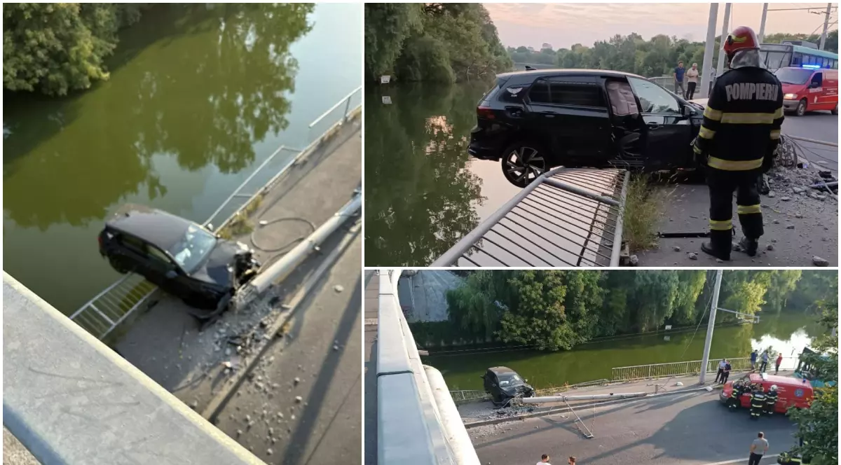 Accident în București, produs de un copil de 13 ani. A furat o mașină, a lovit un stâlp și a rămas suspendat deasupra lacului Străulești