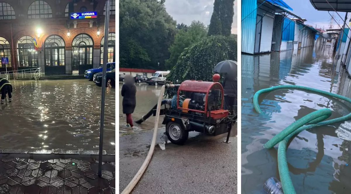 Gara Burdujeni și Bazarul din Suceava, inundate în urma unei ploi puternice