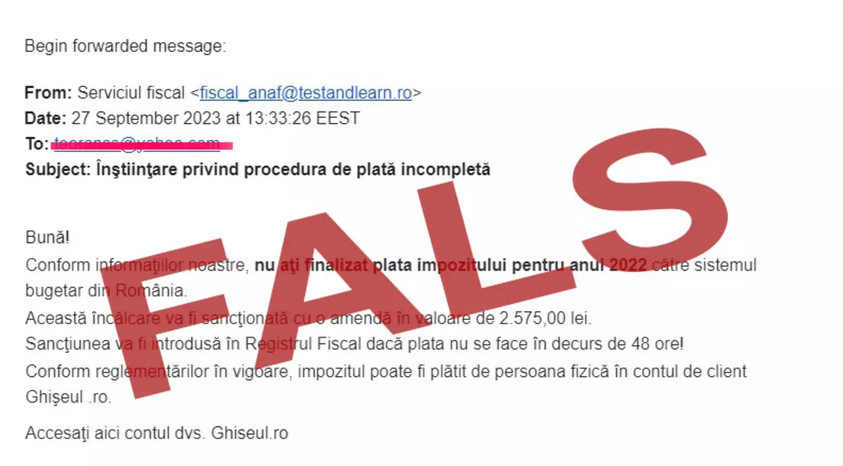 ANAF avertizează asupra unor mesaje false transmise contribuabililor în numele instituției. „Nu transmiteți banii solicitați!”