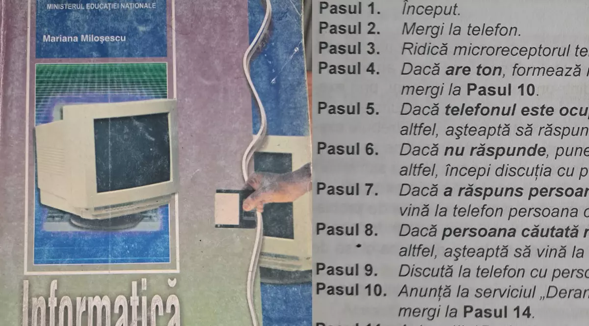 Instrucțiuni dintr-un manual de informatică, în 2023: „Mergi la telefon. Ridică microreceptorul din furcă”