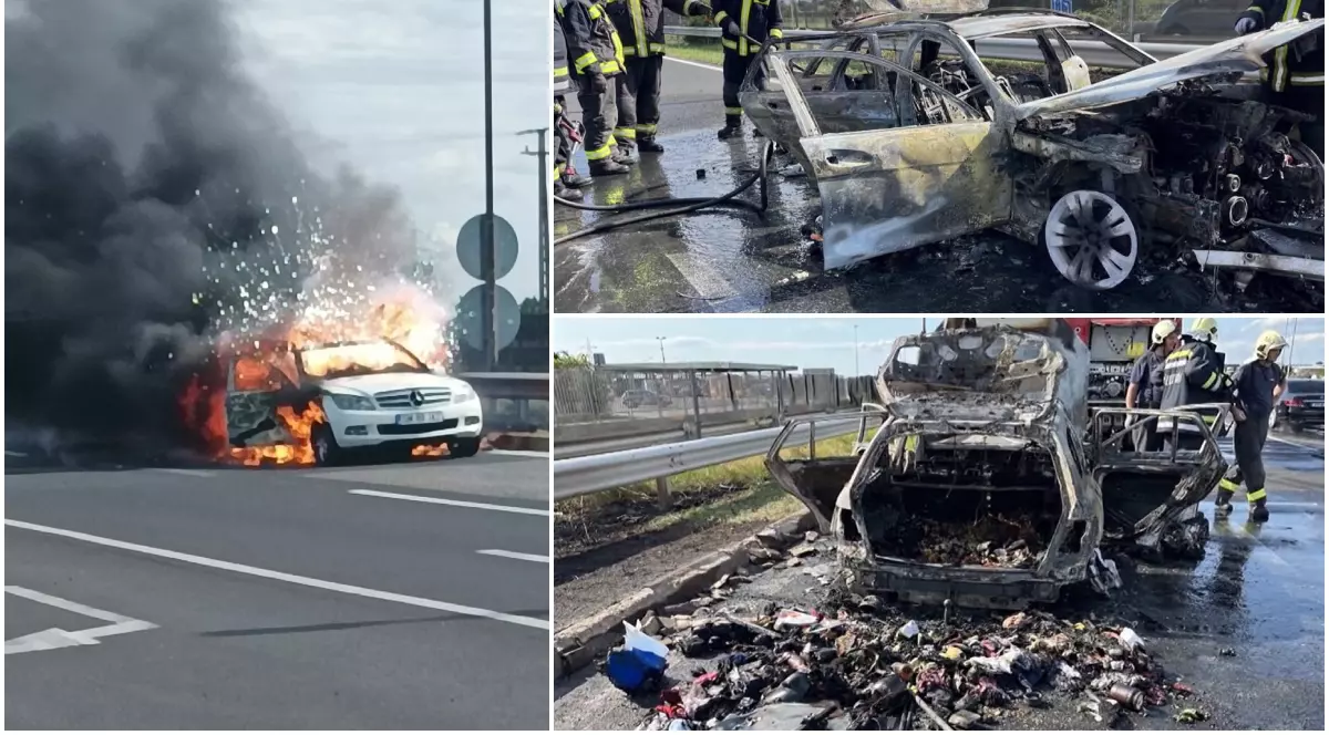 Mașina unei familii de români cu copii mici a luat foc în mers, pe autostradă, în Ungaria: „Au încercat să-l calmeze”. VIDEO