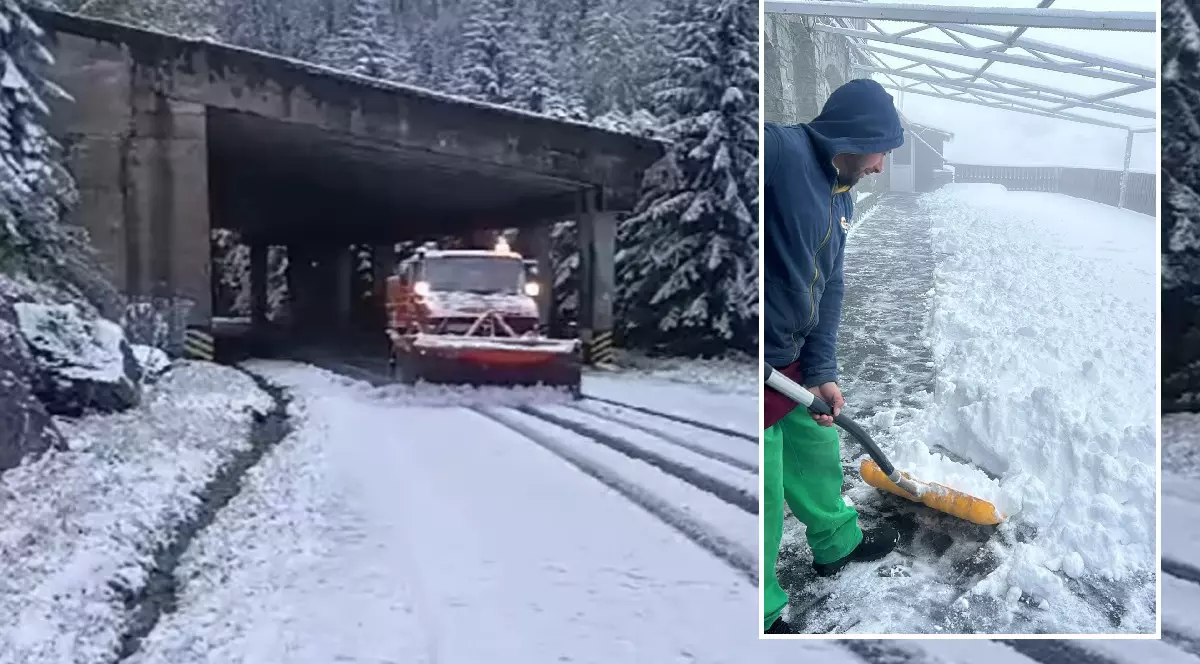 Prima zăpadă pe Transfăgărășan: drumarii au ieșit cu plugurile ca să curețe șoseaua | VIDEO