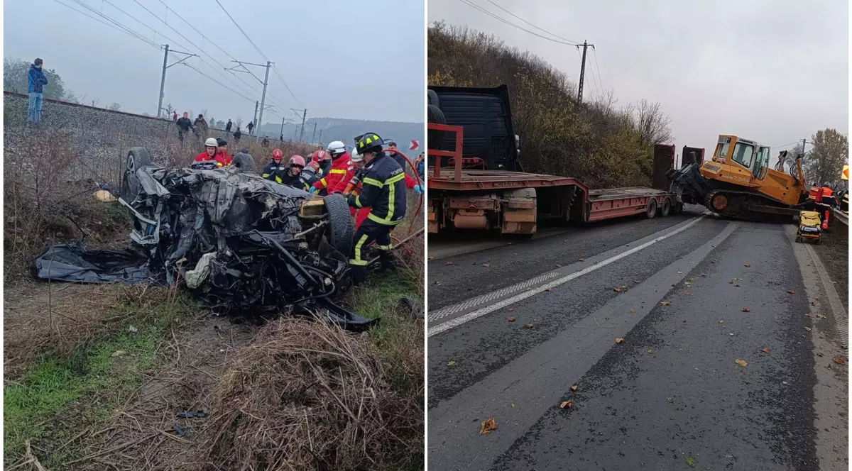 Un buldoexcavator de 25 de tone a căzut peste o mașină în care se aflau două tinere, pe DN7. Una a murit, cealaltă a fost grav rănită | FOTO