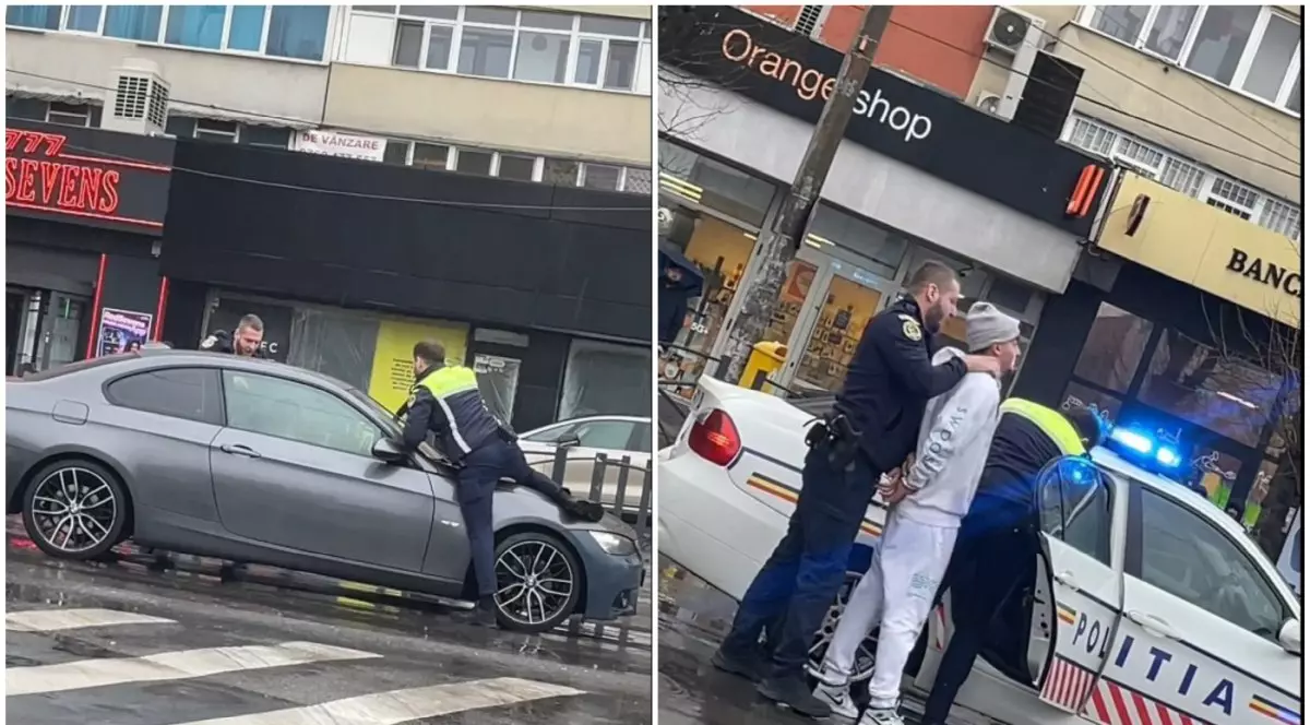 Tânăr urmărit de mașina Poliției pe străzile din București după ce a refuzat să oprească la semnal. Prins și scos cu forța - video. Captură video: Tik Tok / storytimeglovoDaniel