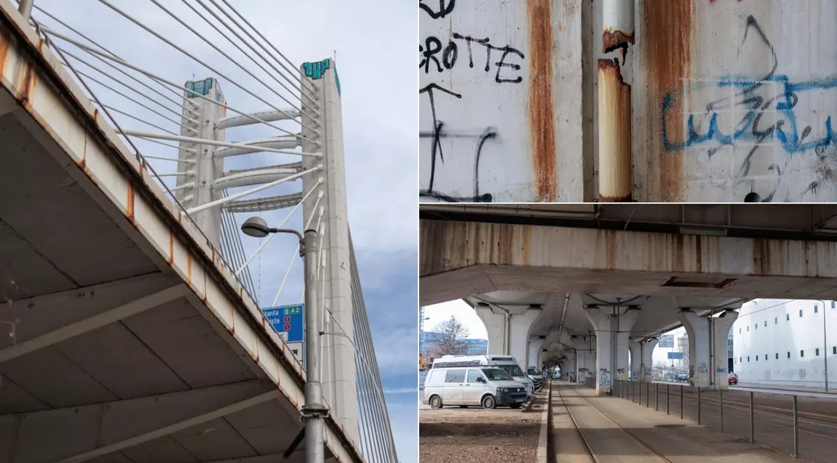 Podul Basarab, la 13 ani de la inaugurare: rugină, bucăți de beton care se desprind, mizerie 