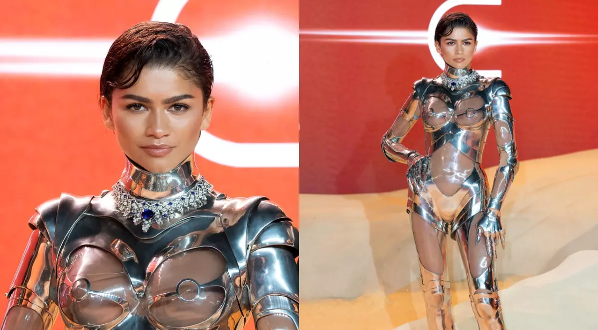 Zendaya, apariție excentrică într-un costum metalic. Ținuta actriței de la premiera filmului „Dune 2” e creată în 1995