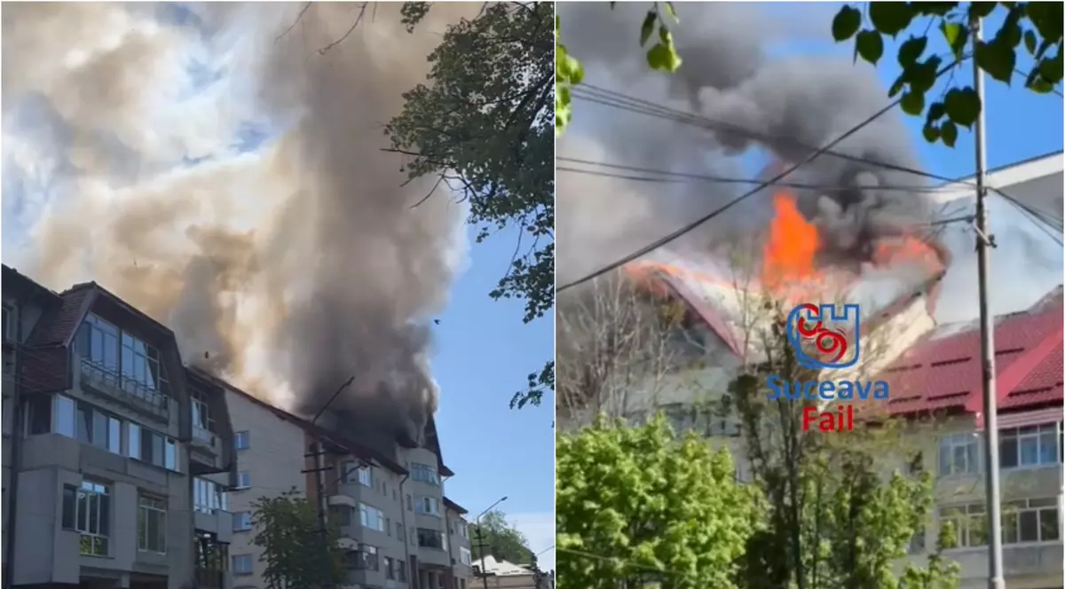 Incendiu puternic la acoperișul unui bloc din Rădăuţi. Pompierii evacuează locatarii