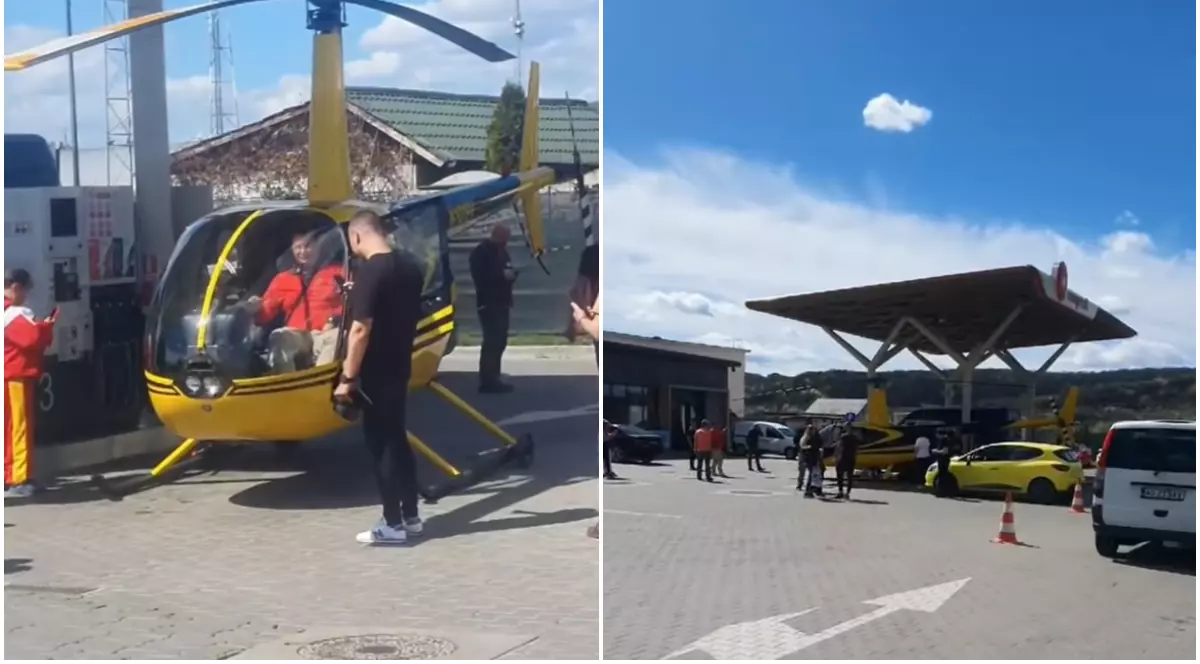 Elicopter filmat într-o benzinărie din Curtea de Argeș, unde pilotul german a făcut plinul. Ce a ieșit la iveală la verificări | VIDEO