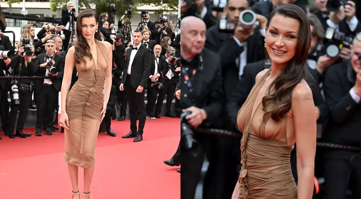 Fotografii cu Bella Hadid pe covorul roșu de la Cannes 2024. În rochia transparentă, fotomodelul a atras toate privirile