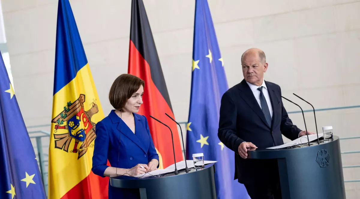 Maia Sandu și Olaf Scholz într-o conferință de presă la Berlin Foto: Hepta