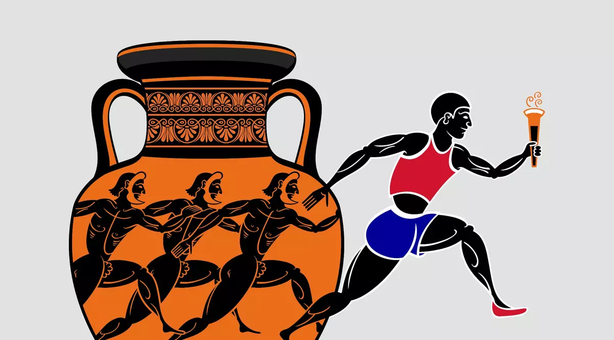 Care erau probele din cadrul Jocurilor Olimpice antice - Imagine grafică reprezentând un vas grecesc de lut, pe care se pot vedea atleţi întrecându-se şi unul dintre ei parcă ieşind în exterior de pe corpul vasului.