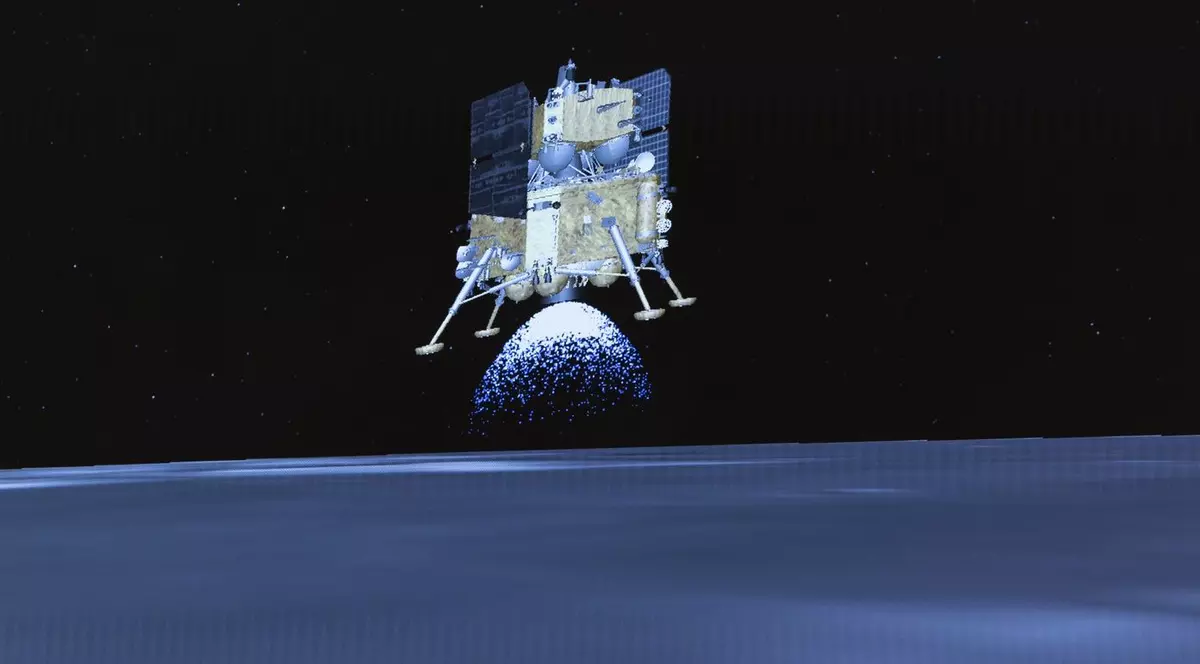 Această imagine preluată dintr-o animație video realizată la Centrul de Control Aerospatial din Beijing (BACC) pe 2 iunie 2024 arată combinația dintre modulul de aterizare și modulul de ascensiune al sondei Chang'e-6 înainte de aterizarea pe partea îndepărtată a Lunii