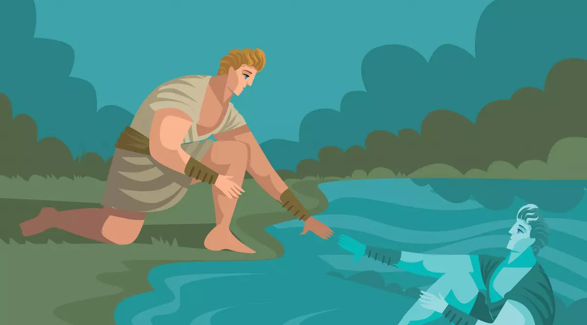 Cine a fost Narcis in Mitologie-- o imagine animata cu Narcis care își admira chipul în apa unui rau