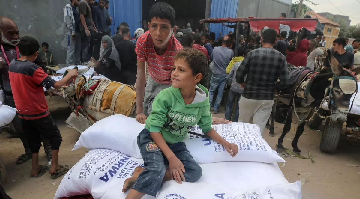 doi copii care stau pe saci de făină oferiți de agenția umanitară ONU în Gaza.