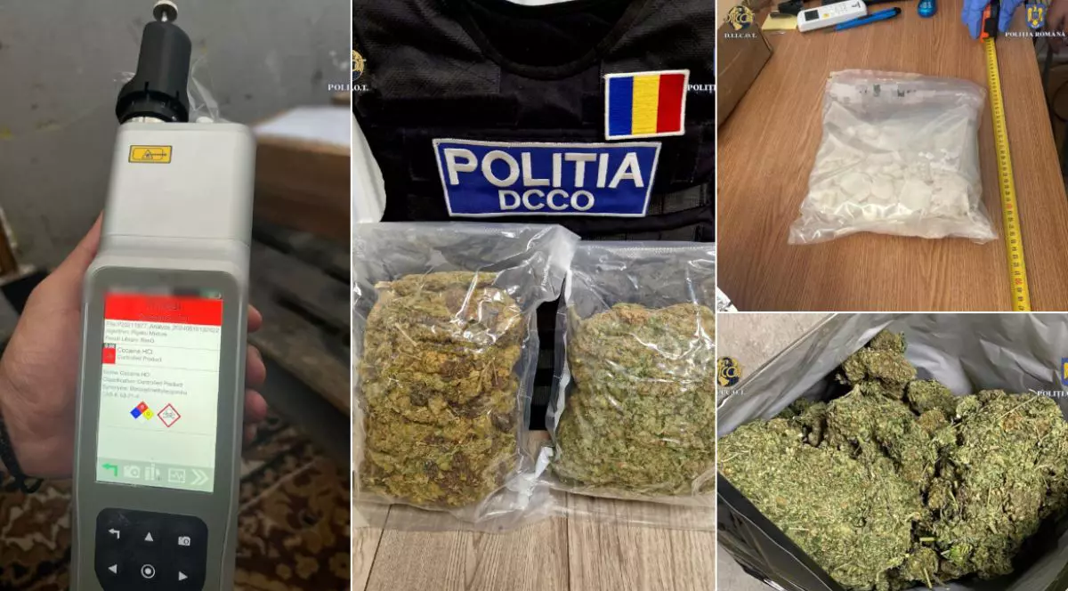 Colaj foto cu un test de droguri în stânga, două pungi vidate cu droguri în centru, lângă vesta unui polițist și alte pachete cu droguri, marijuana și cocaină, în partea dreaptă