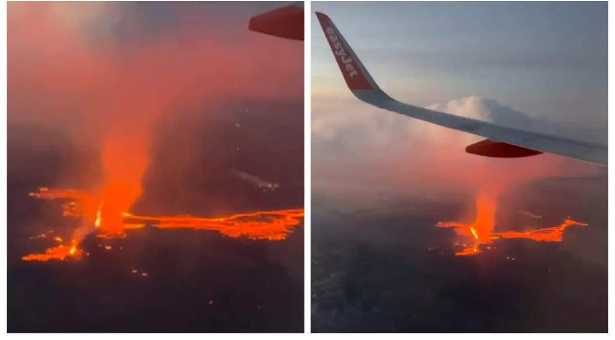 Erupția vulcanică, surprinsă de pasagerii unui avion, în Islanda
