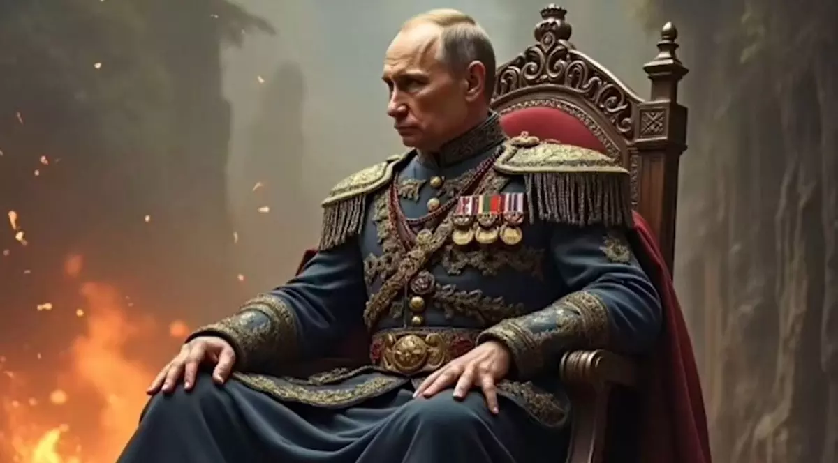 Vladimir Putin în ipostază imperială, cu manta cu epoleți și medalii pe piept