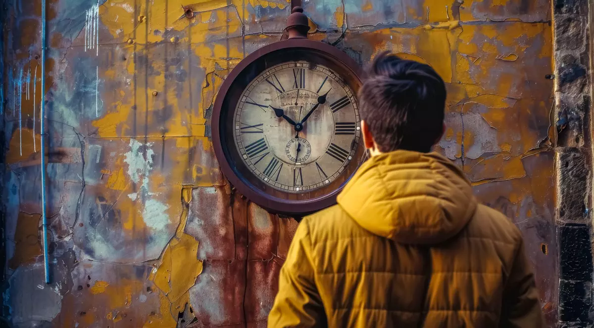 O persoană în geacă galbenă în fața unui ceas vechi montat pe un perete deteriorat