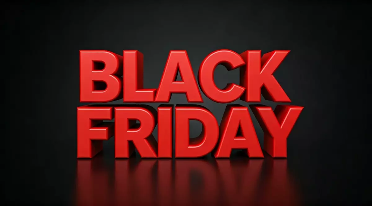 Catalogul eMAG de Black Friday 2024 a fost publicat - Imagine cu expresia Black Friday scrisă mare, cu litere roşuu, pe fond negru