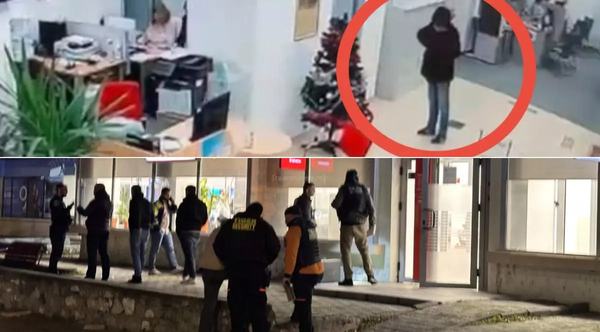 Colaj cu două imagini suprapuse. În partea de sus, o imagine surprinsă de camera de supraveghere cu suspectul în banca pe care a jefuit-o, iar în partea de jos o imagine de după jaf, cu polițiști și agenți de pază în fața băncii jefuite