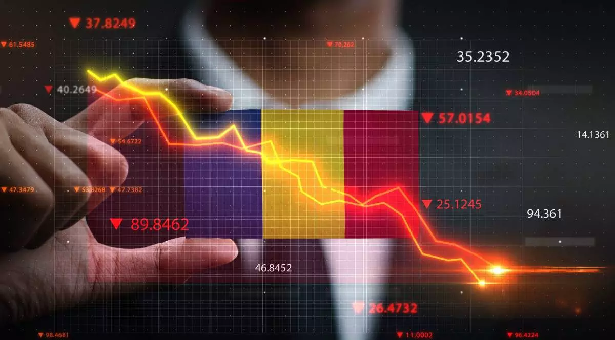 imagine descriptiva cu bursa din romania in scadere, in fundal un barbat imbracat la costum care tine steagul in mana