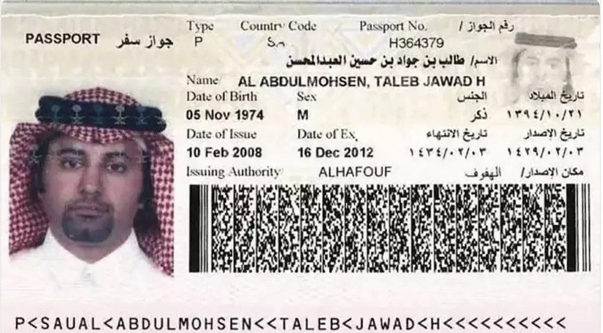 Taleb Jawad Al Abdulmohsen, un medic în vârstă de 50 de ani din Arabia Saudită, care locuiește în Germania din 2006.Fotografia prezintă pașaportul autorului actului terorist Taleb Jawad Al Abdulmohsen, Magdeburg 20 decembrie 2024.
