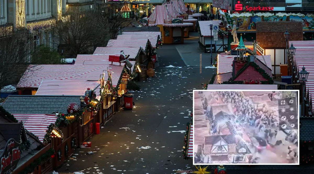 Piața închisă din Magdeburg cu o alee pe care s-au aflat sute de vizitatori când o mașină i-a lovit În medalion momentul când BMWul condus de un saudit intră în mulțime Foto Hepta