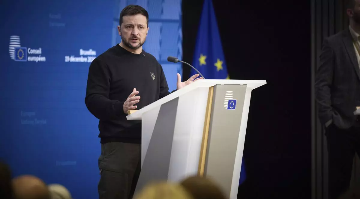 Volodomir Zelenski, în cadrul unei conferințe de presă la Bruxelles