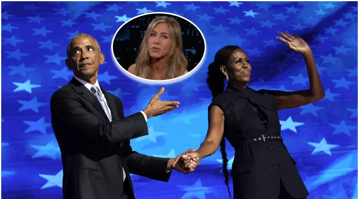 Barack Obama (stânga), Michele Obama (dreapta) și Jennifer Aniston (mijloc)
