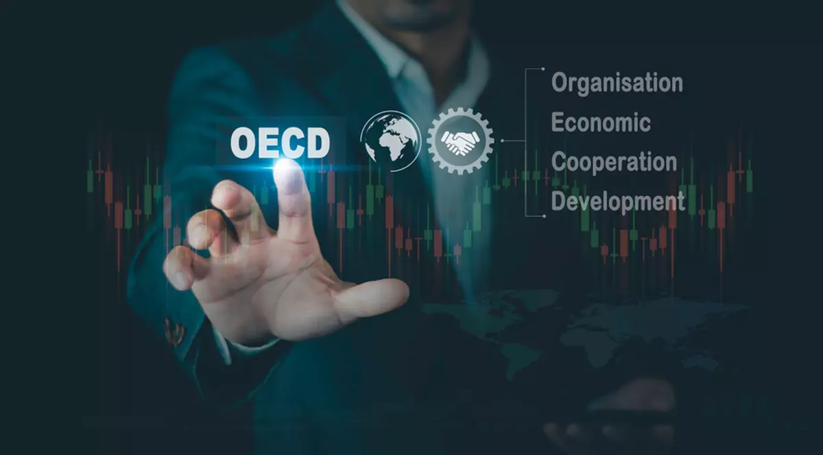 Ce este OCDE, organizaţia la care vrea să adere România - Imagine cu un bărbat care pune arătătorul drept pe un panou transparent pe care se află acronimul OECD.